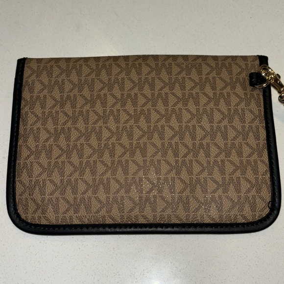 Michael Kors Brown Leather Canvas Logo with Dark Trim Thin Pouch - Picture 4 of 7